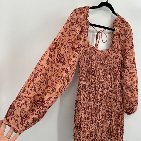 FREE PEOPLE Pink Floral Smocked Balloon Sleeve Square Neck Mini Dress Size Small - Picture 8 of 11